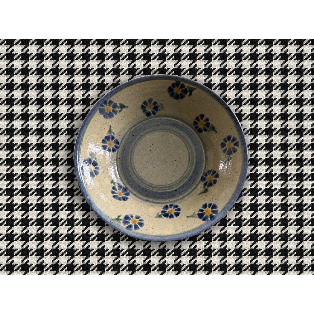 Little Mountain Pottery NC Blue Floral Stoneware Bowl 10"  Folk Art Cottage VTG